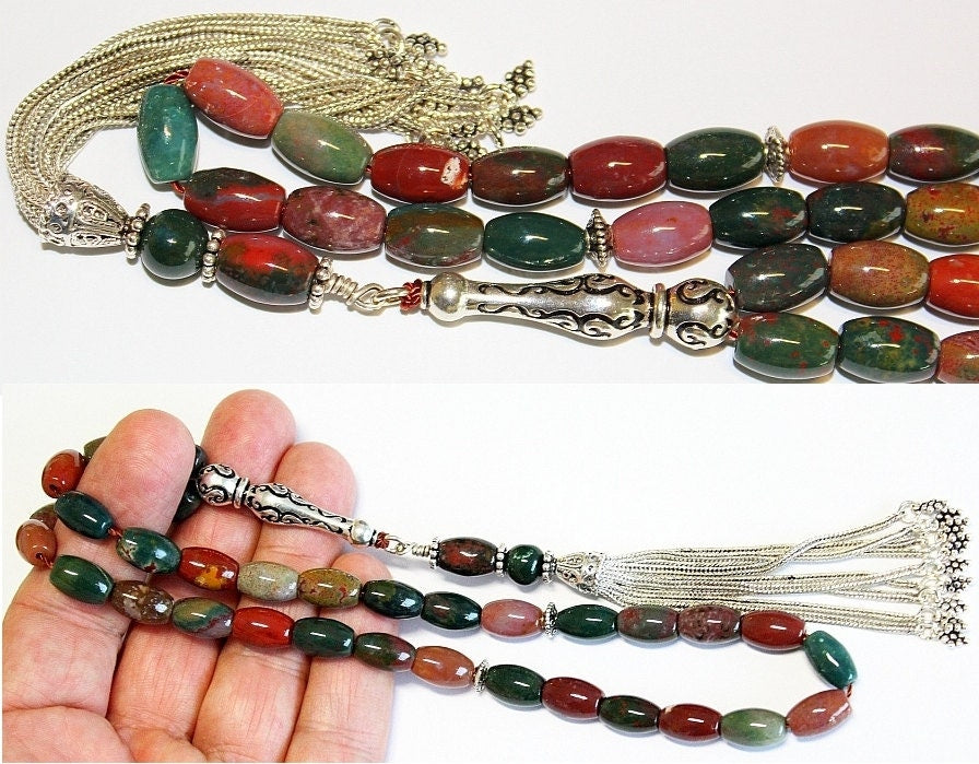 Luxury Prayer Beads Tesbih AA Grade Indian Bloodstone and Sterling Silver - Top Quality - Collector's