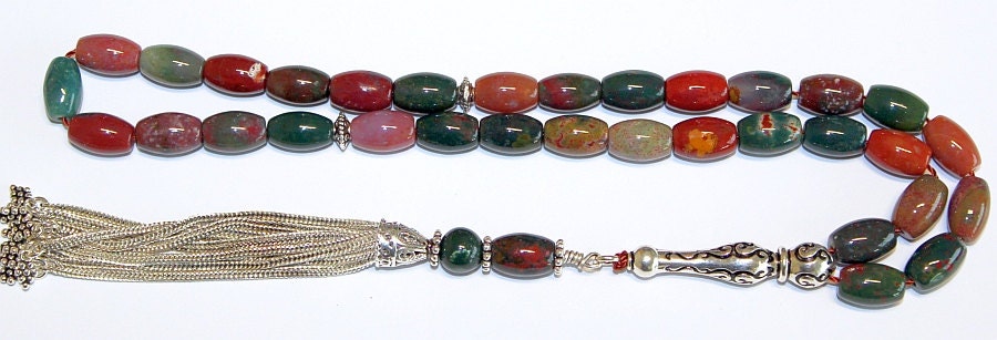 Luxury Prayer Beads Tesbih AA Grade Indian Bloodstone and Sterling Silver - Top Quality - Collector's