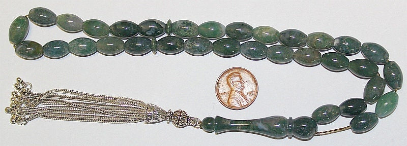 Luxury Prayer Beads Tesbih AA Oval Moss Agate and Sterling Silver - Top Quality - Collector's