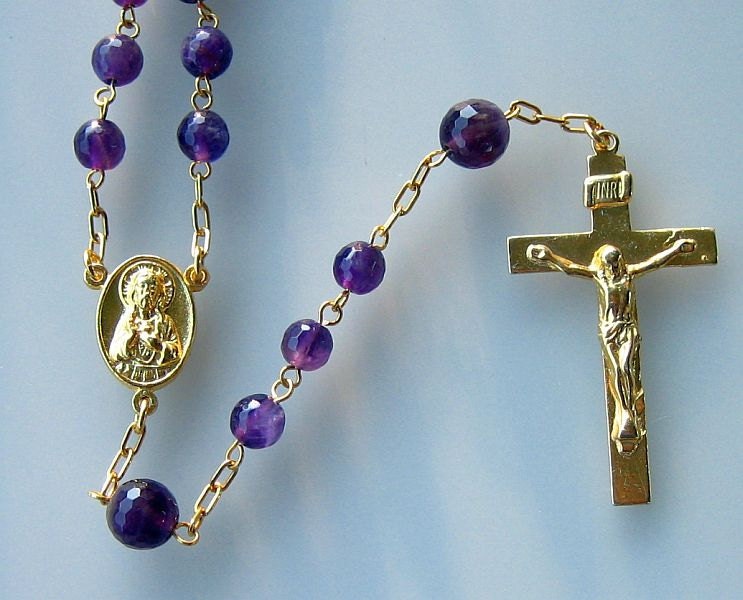 Catholic Chain Rosary Prayer Beads Faceted Amethyst and Gold