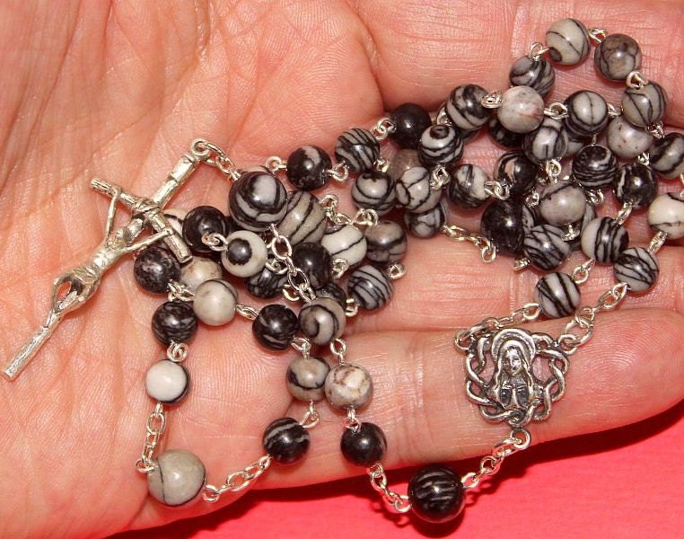 Catholic Chain Rosary Prayer Beads Silkstone Onyx and Sterling Silver