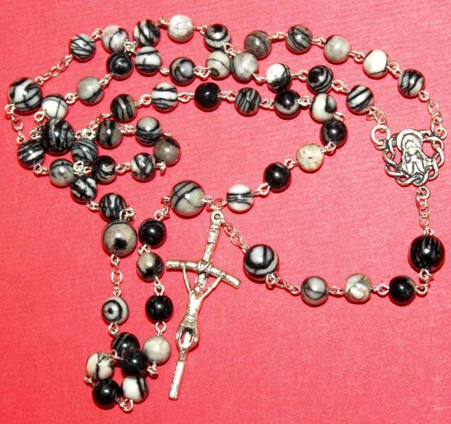 Catholic Chain Rosary Prayer Beads Silkstone Onyx and Sterling Silver