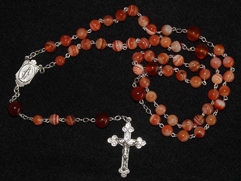 Catholic Chain Rosary Prayer Beads Chaplet Orange Sardonyx and Sterling Silver