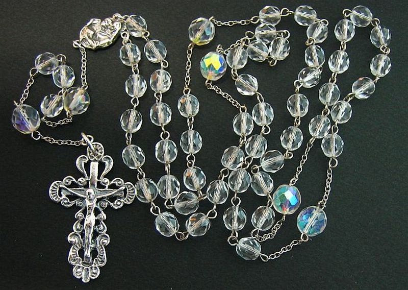 Catholic Chain Rosary Prayer Beads Sterling Silver and Vintage Bohemian Crystal