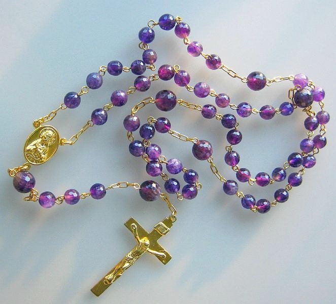 Catholic Chain Rosary Prayer Beads Faceted Amethyst and Gold