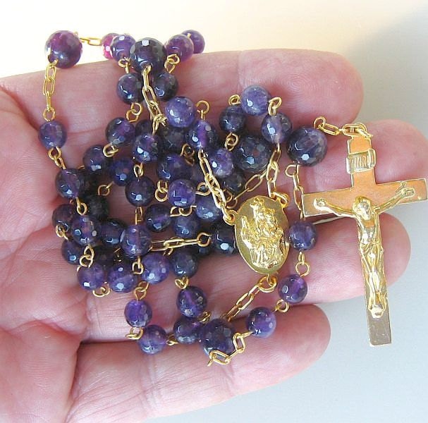 Catholic Chain Rosary Prayer Beads Faceted Amethyst and Gold