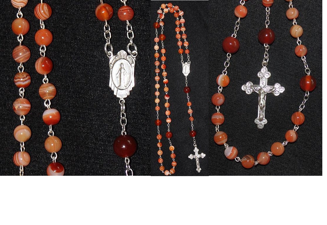 Catholic Chain Rosary Prayer Beads Chaplet Orange Sardonyx and Sterling Silver