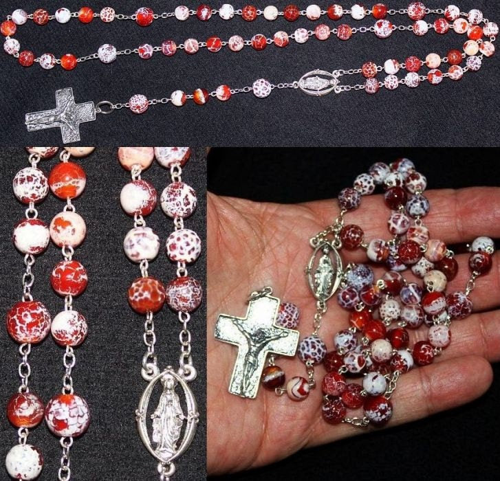 Catholic Chain Rosary Prayer Beads Fire Crackled Red Agate and Sterling Silver