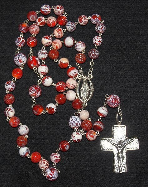 Catholic Chain Rosary Prayer Beads Fire Crackled Red Agate and Sterling Silver