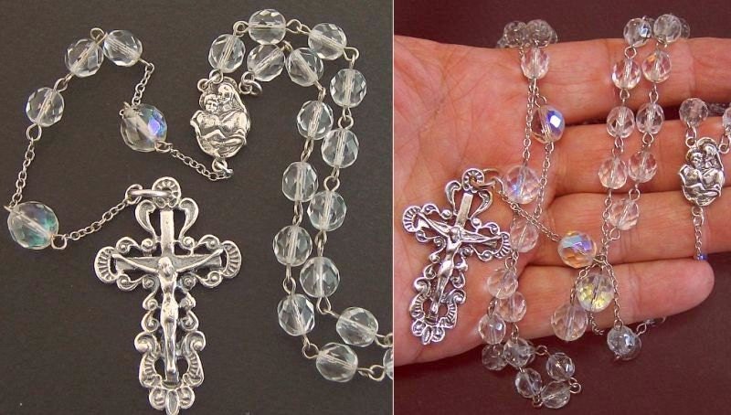 Catholic Chain Rosary Prayer Beads Sterling Silver and Vintage Bohemian Crystal