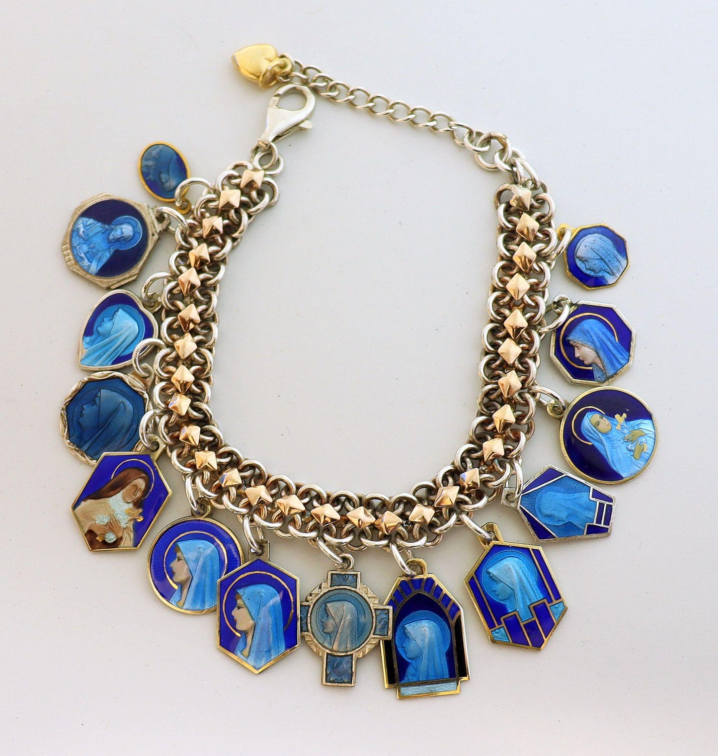 Vintage Sterling Silver and Gold Charm Bracelet with 14 Rare Pristine & Enameled Religious Medals