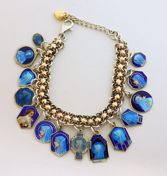 Vintage Sterling Silver and Gold Charm Bracelet with 14 Rare Pristine & Enameled Religious Medals