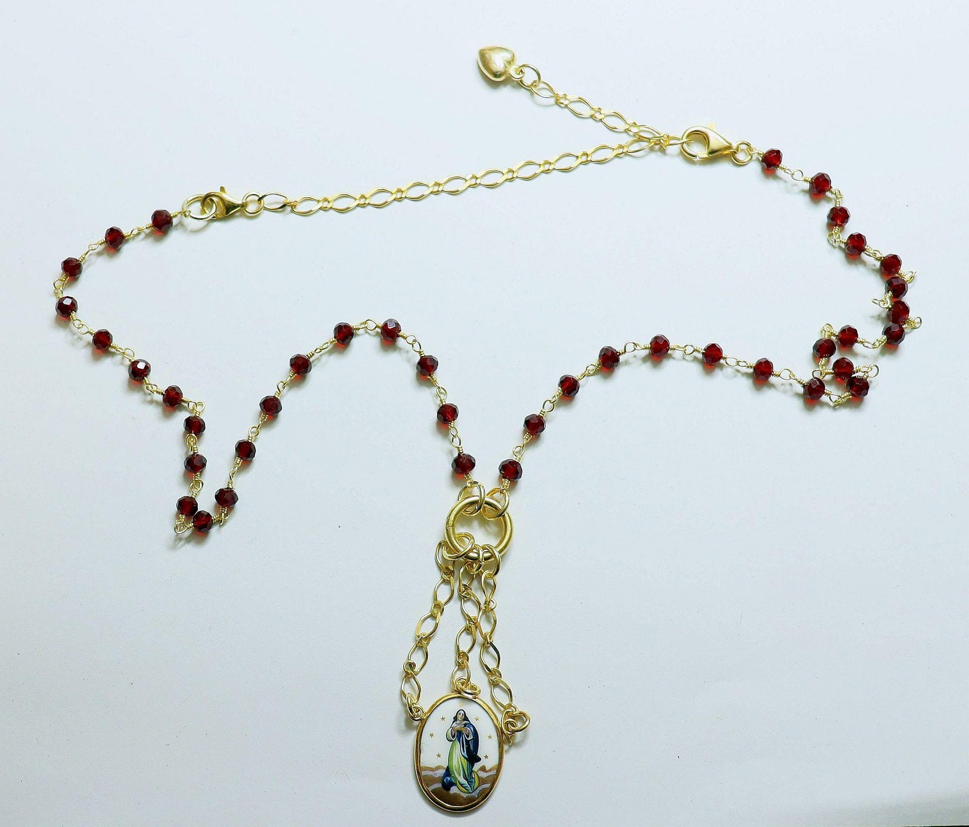 Gold Vermeil Necklace w Hand Painted Enameled Vintage Medal of the Immaculate Conception
