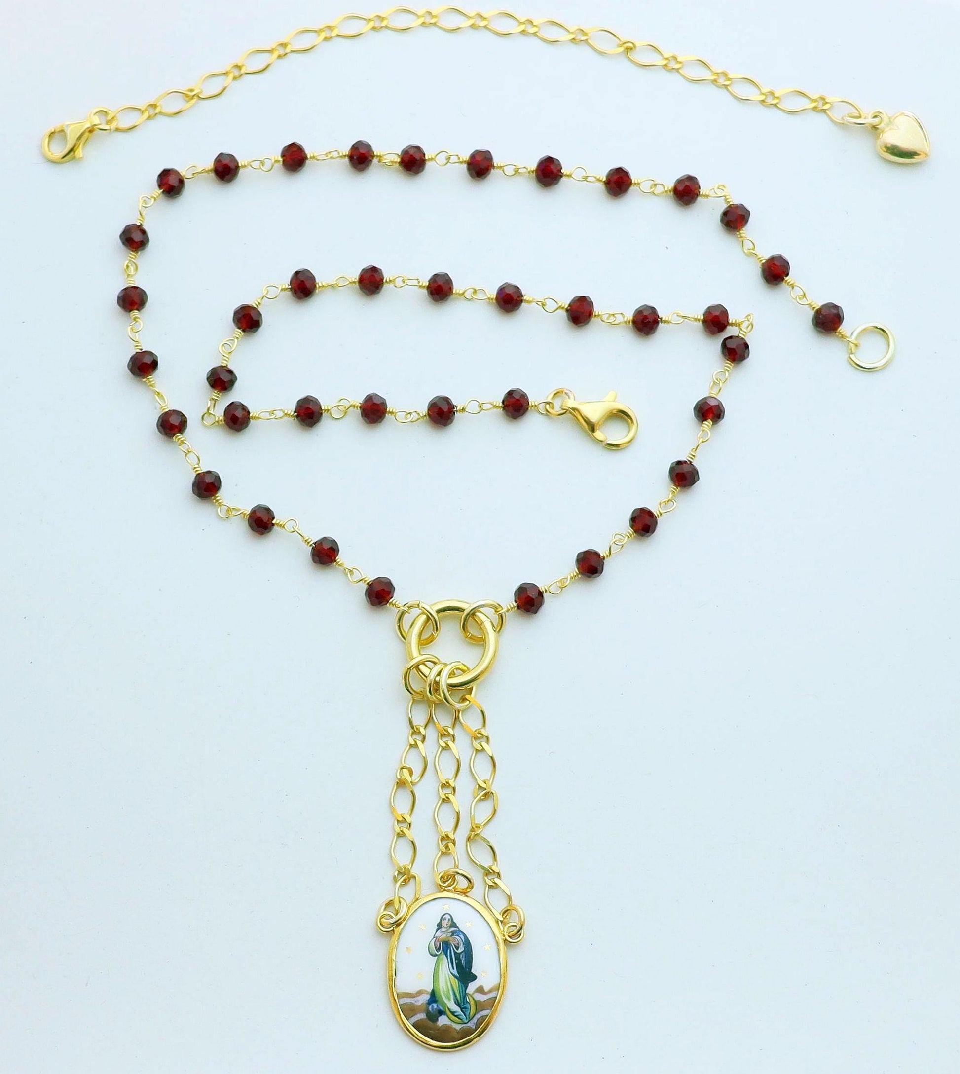 Gold Vermeil Necklace w Hand Painted Enameled Vintage Medal of the Immaculate Conception