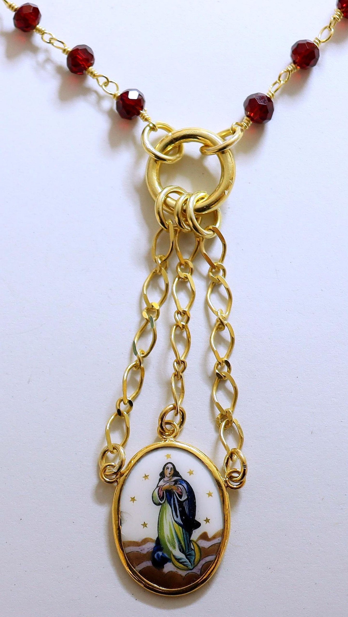 Gold Vermeil Necklace w Hand Painted Enameled Vintage Medal of the Immaculate Conception
