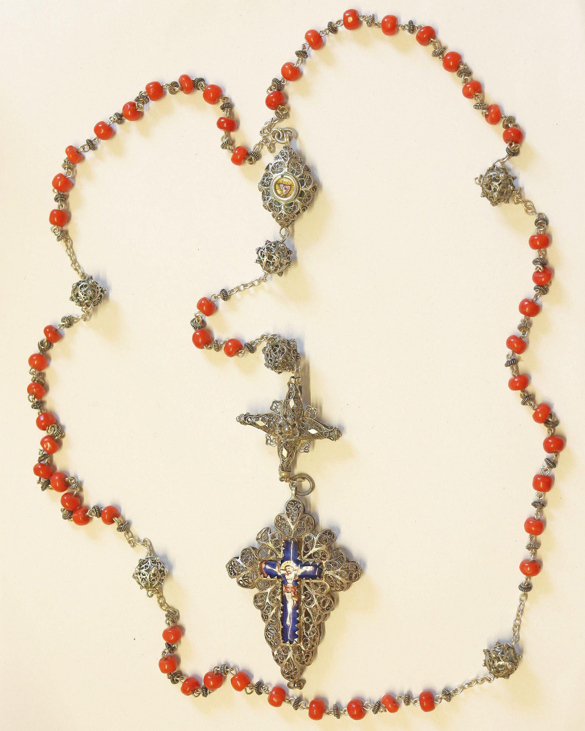 Antique Bavarian Coral & Sterling Silver Catholic Chain Rosary w Ceramic Enameled Reliquary Crucifix