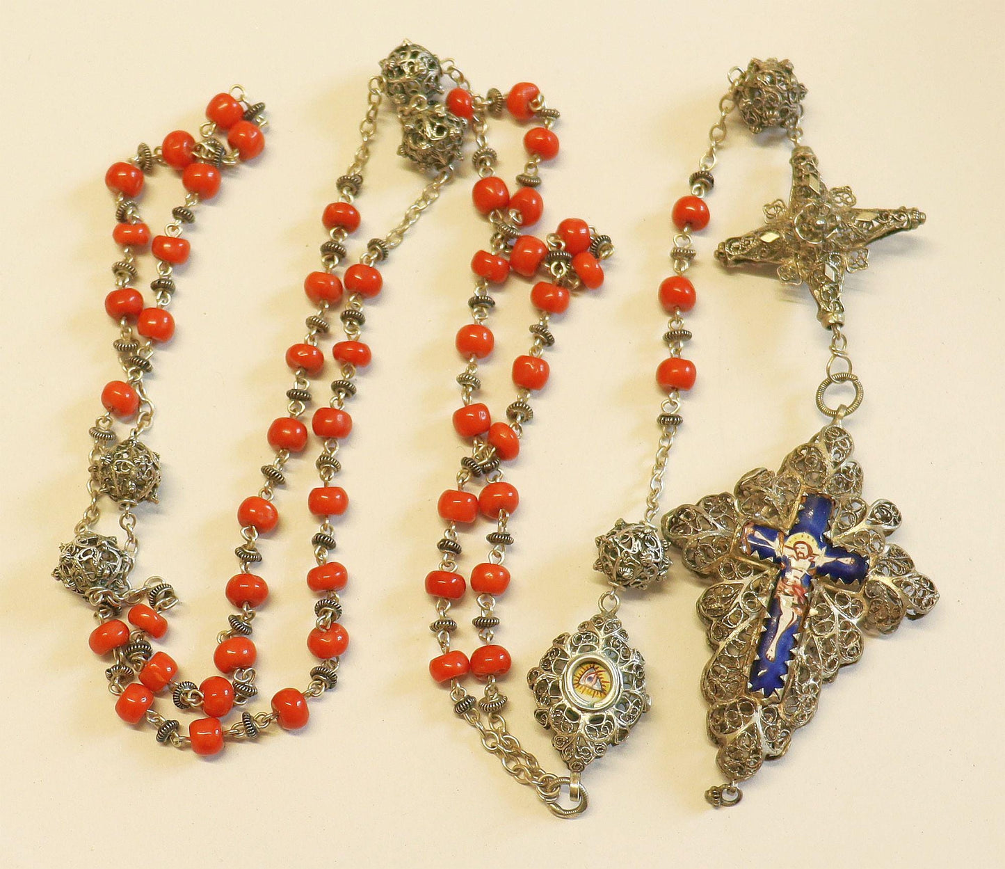 Antique Bavarian Coral & Sterling Silver Catholic Chain Rosary w Ceramic Enameled Reliquary Crucifix