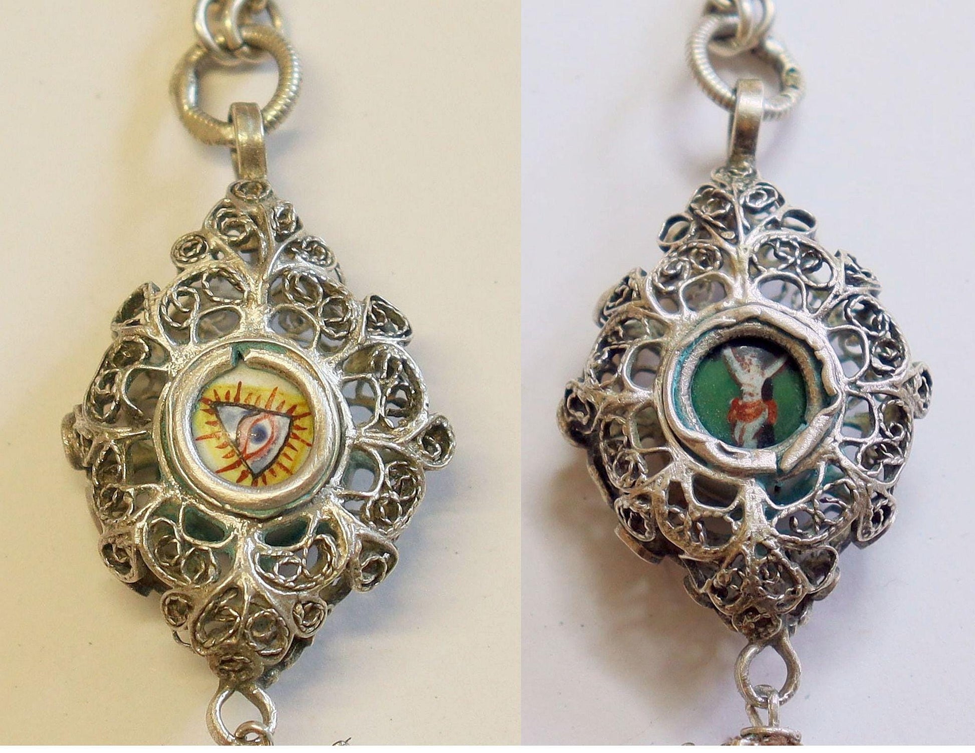 Antique Bavarian Coral & Sterling Silver Catholic Chain Rosary w Ceramic Enameled Reliquary Crucifix