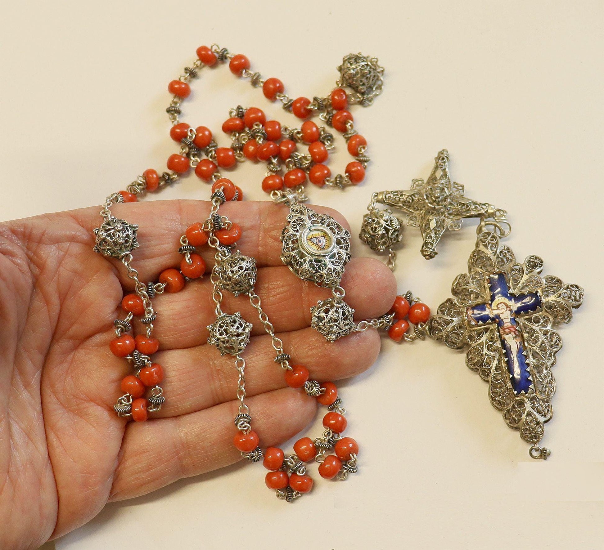 Antique Bavarian Coral & Sterling Silver Catholic Chain Rosary w Ceramic Enameled Reliquary Crucifix