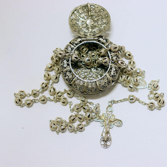 Vintage Set Sterling Silver Catholic Rosary and Round Box - Rare