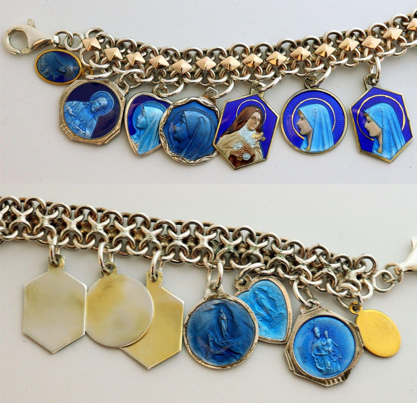 Vintage Sterling Silver and Gold Charm Bracelet with 14 Rare Pristine & Enameled Religious Medals