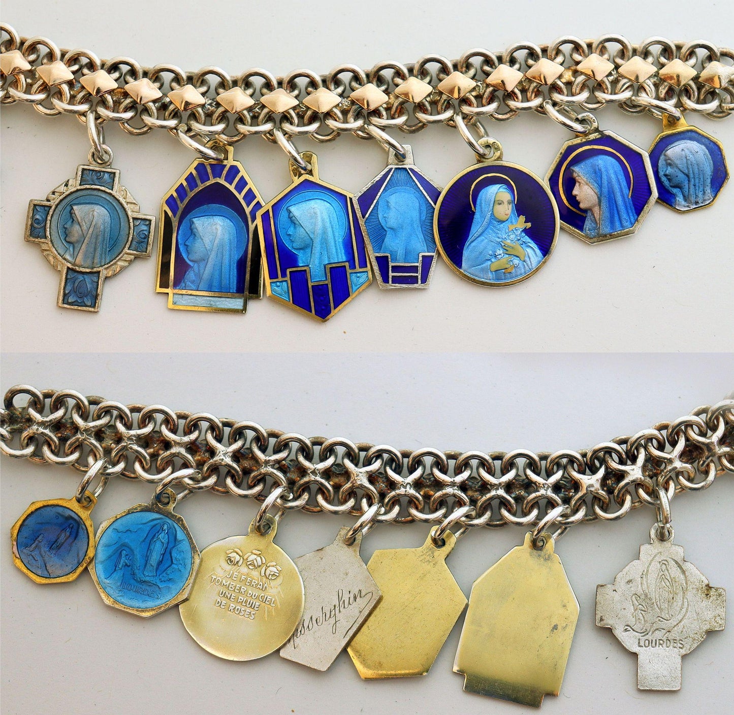Vintage Sterling Silver and Gold Charm Bracelet with 14 Rare Pristine & Enameled Religious Medals