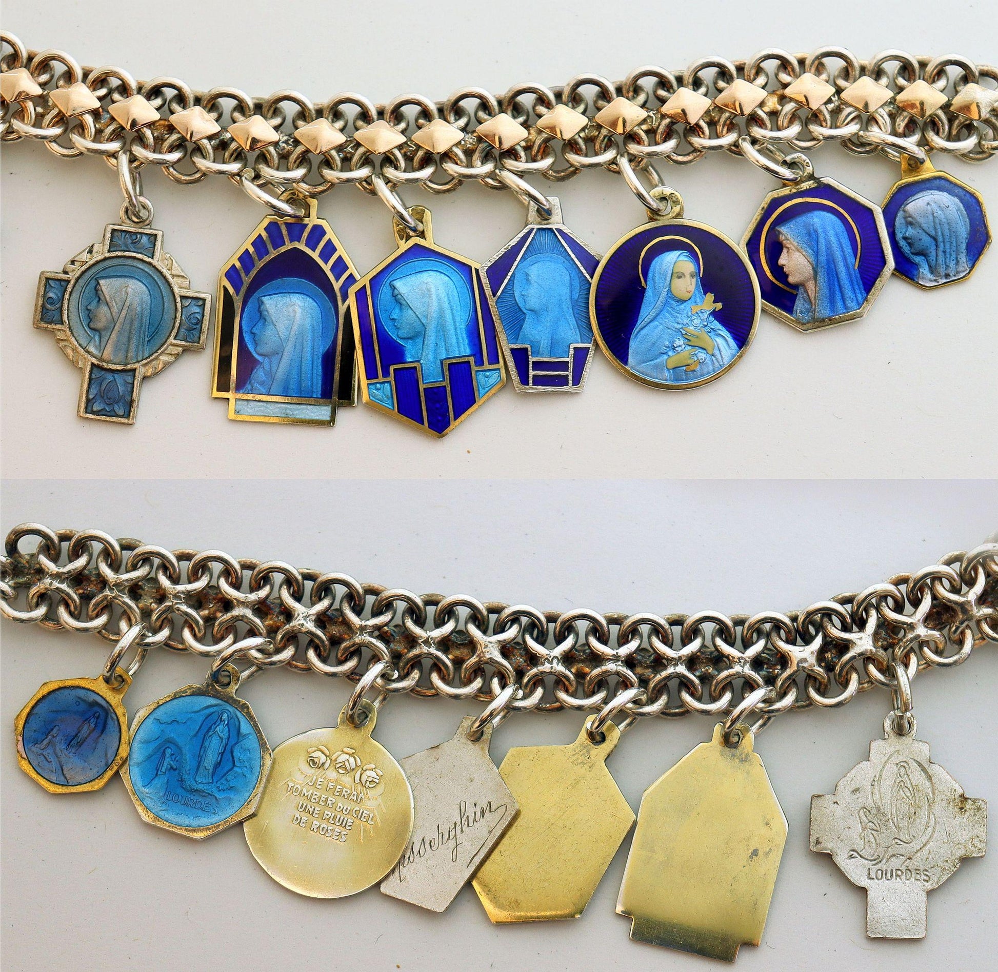Vintage Sterling Silver and Gold Charm Bracelet with 14 Rare Pristine & Enameled Religious Medals