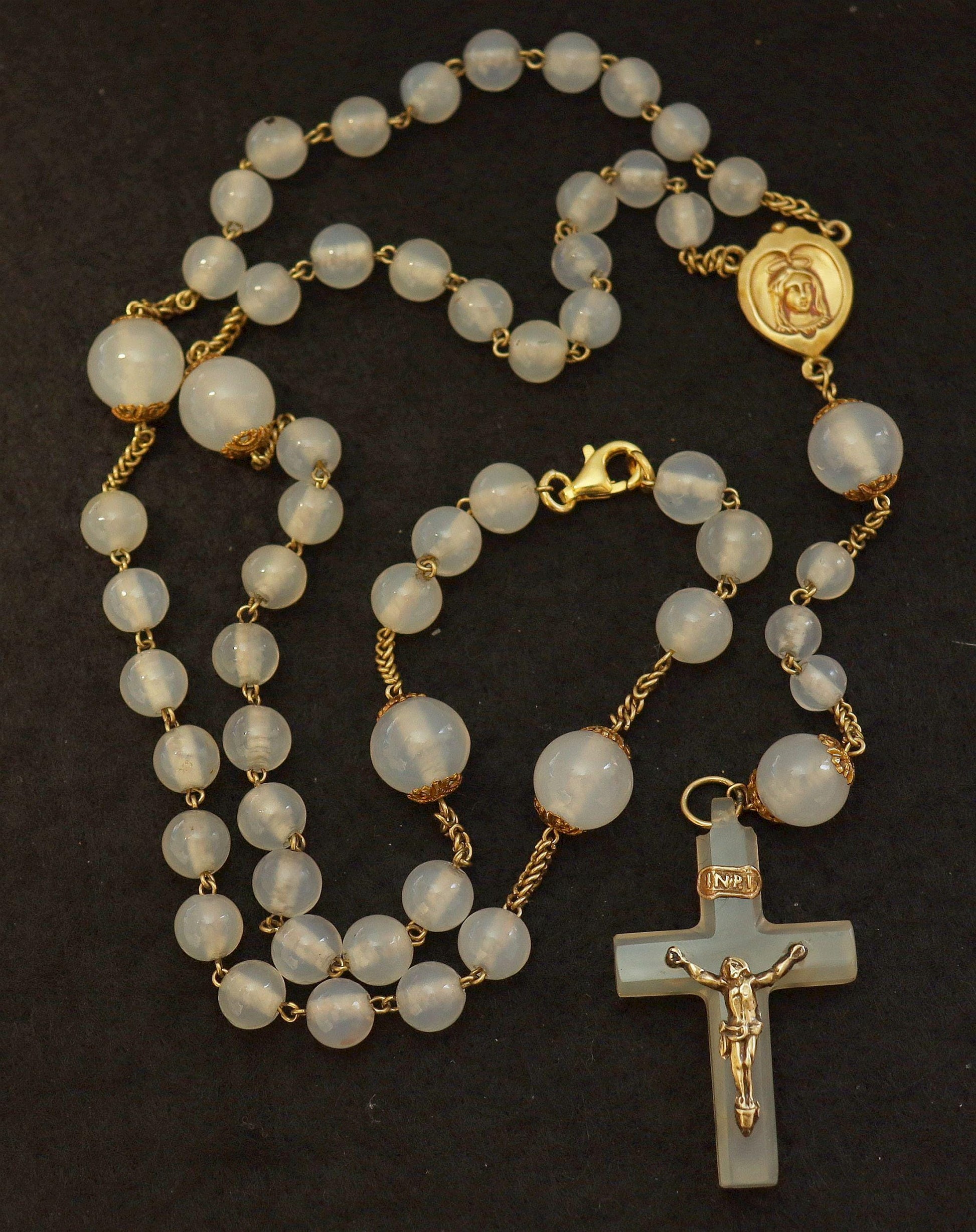 Rosary Necklace in 18K Solid Gold & Moonstone Beads- 1930's - unique