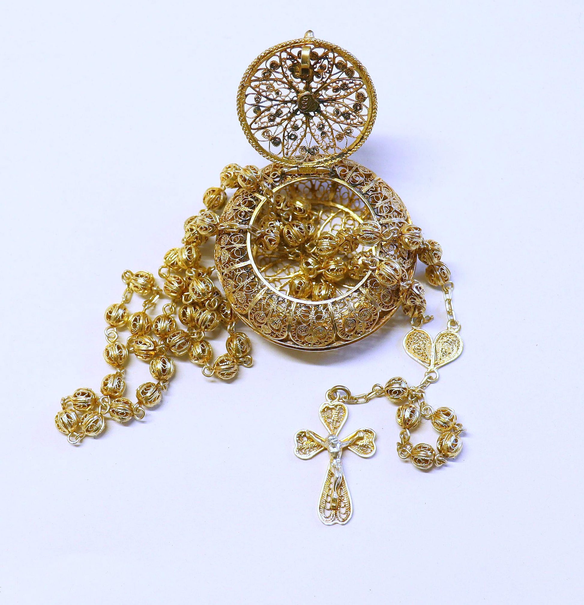 Vintage Rare Catholic Rosary and Box Set in Filigree Vermeil - Sterling Silver 24K. Gold Plated