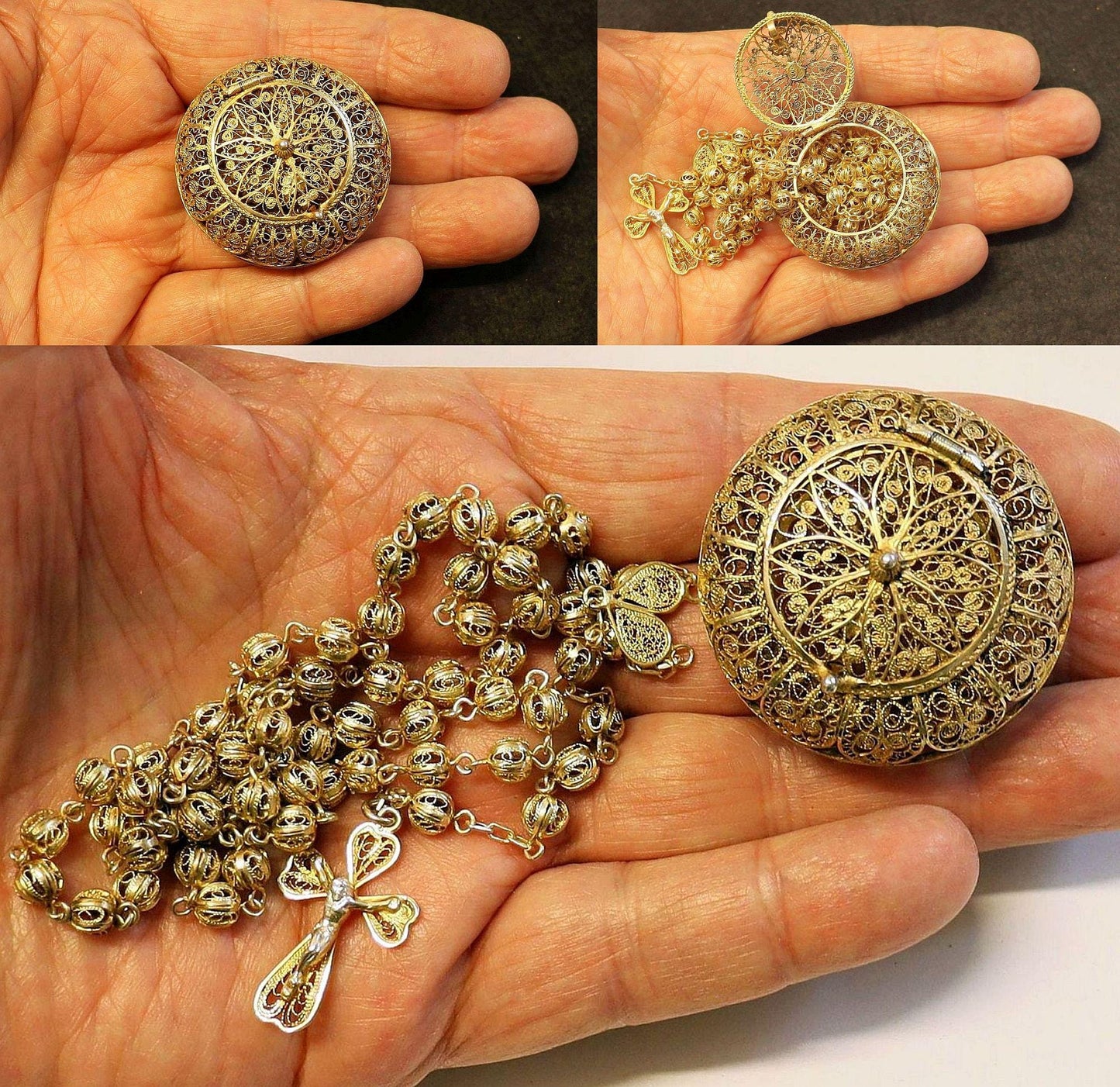 Vintage Rare Catholic Rosary and Box Set in Filigree Vermeil - Sterling Silver 24K. Gold Plated