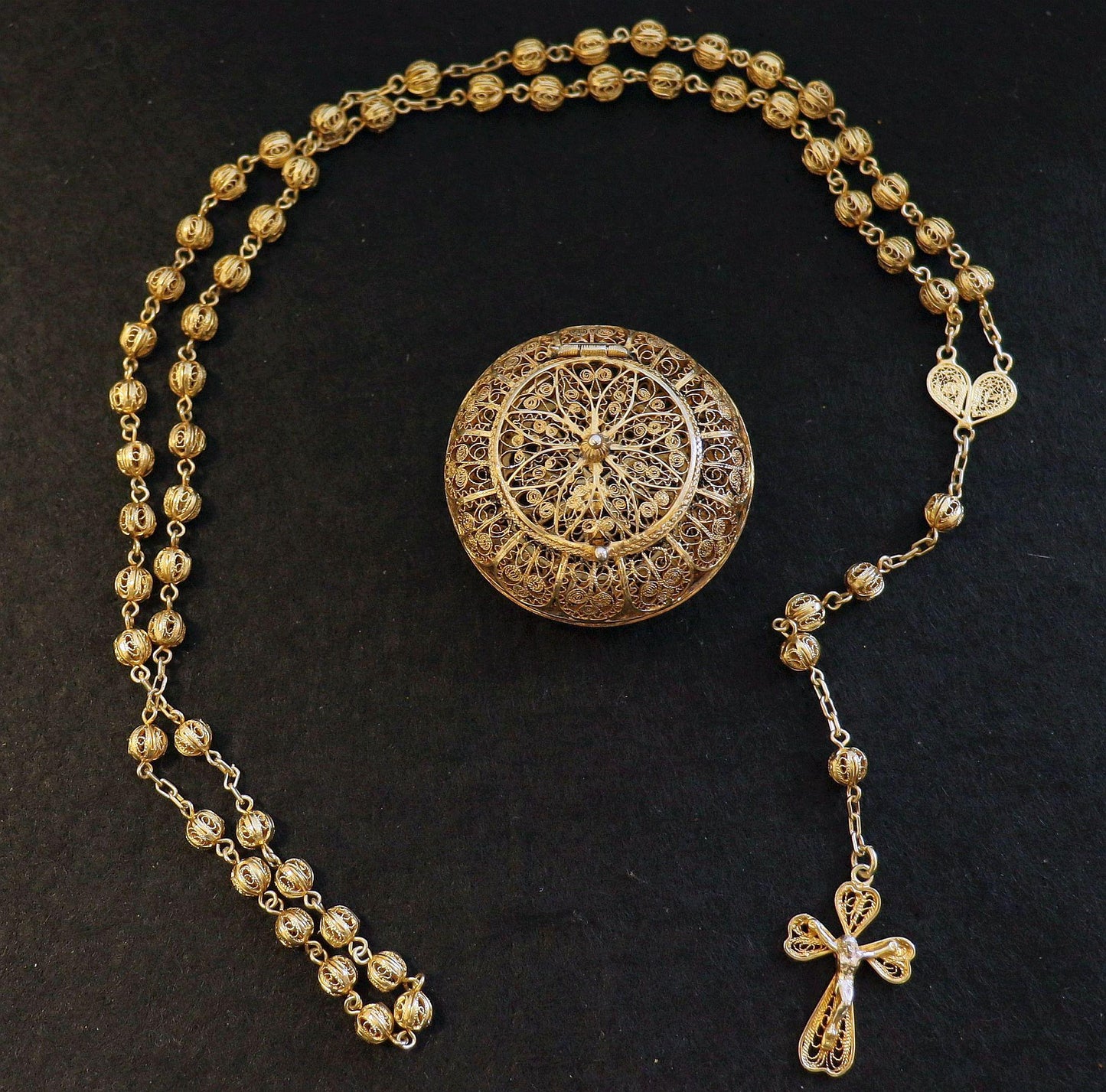 Vintage Rare Catholic Rosary and Box Set in Filigree Vermeil - Sterling Silver 24K. Gold Plated