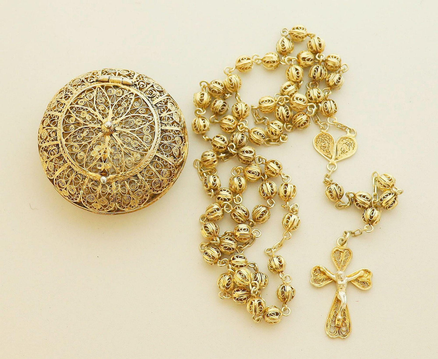 Vintage Rare Catholic Rosary and Box Set in Filigree Vermeil - Sterling Silver 24K. Gold Plated