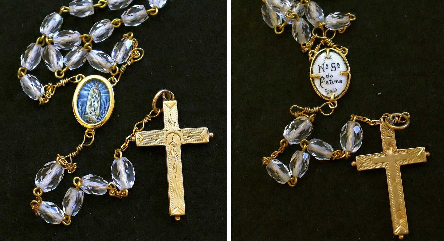 1920's Bohemian Rock Cystal & All 18K Solid Gold Catholic Rosary Our Lady of Fatima, Reliquary Cross - Extreme Rarity