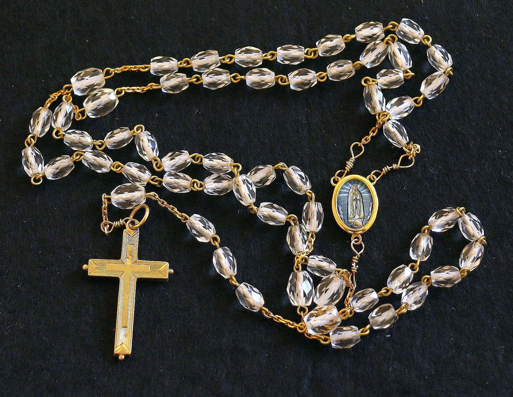 1920's Bohemian Rock Cystal & All 18K Solid Gold Catholic Rosary Our Lady of Fatima, Reliquary Cross - Extreme Rarity