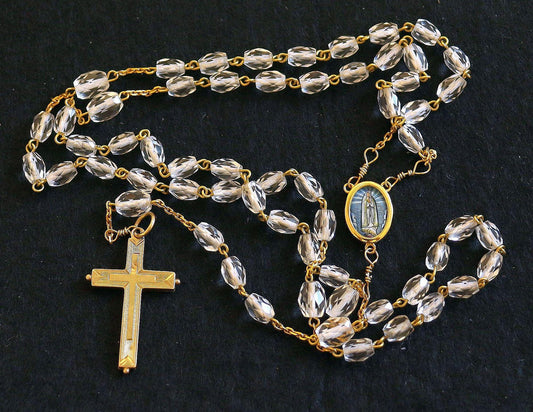 1920's Bohemian Rock Cystal & All 18K Solid Gold Catholic Rosary Our Lady of Fatima, Reliquary Cross - Extreme Rarity