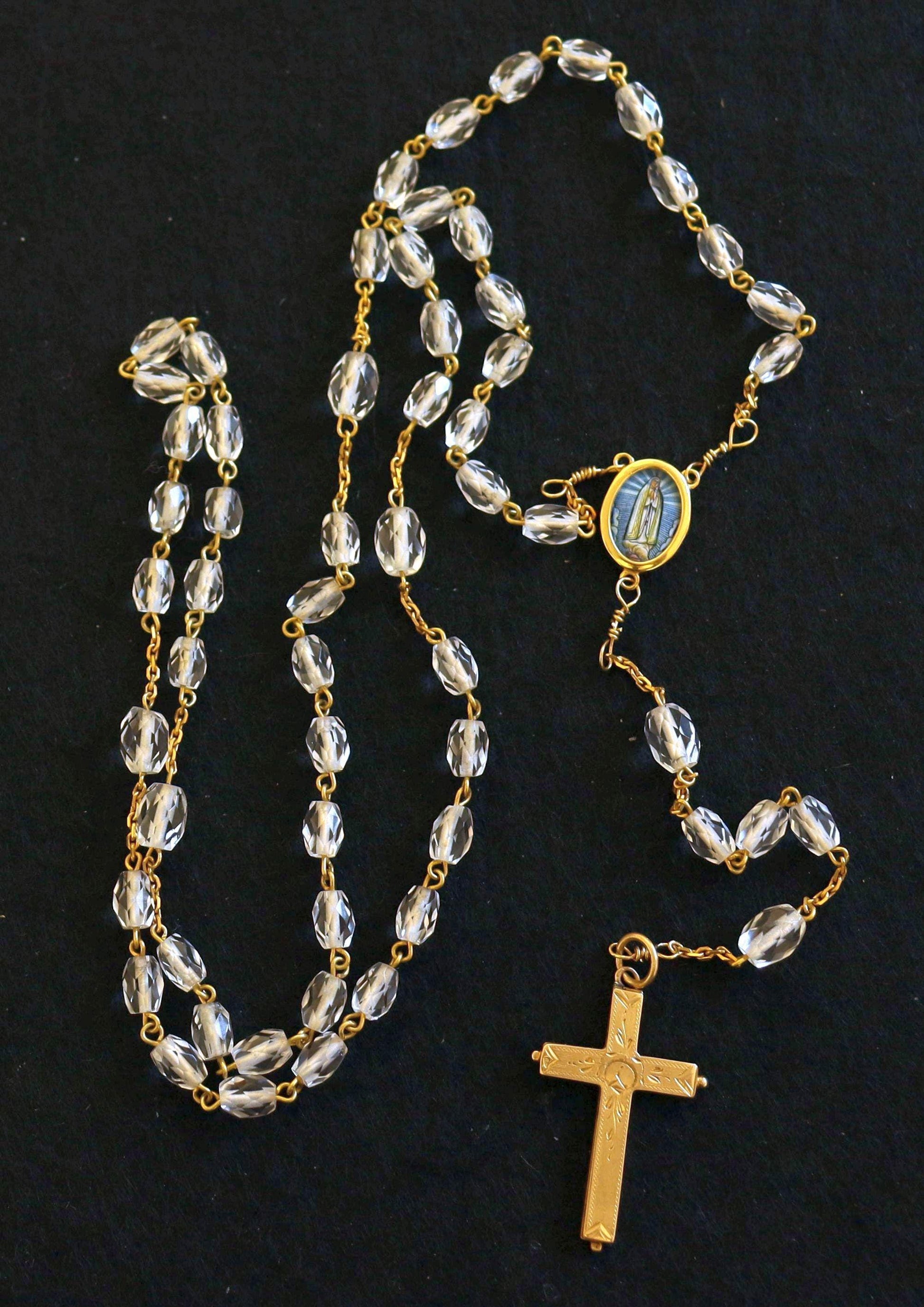 1920's Bohemian Rock Cystal & All 18K Solid Gold Catholic Rosary Our Lady of Fatima, Reliquary Cross - Extreme Rarity