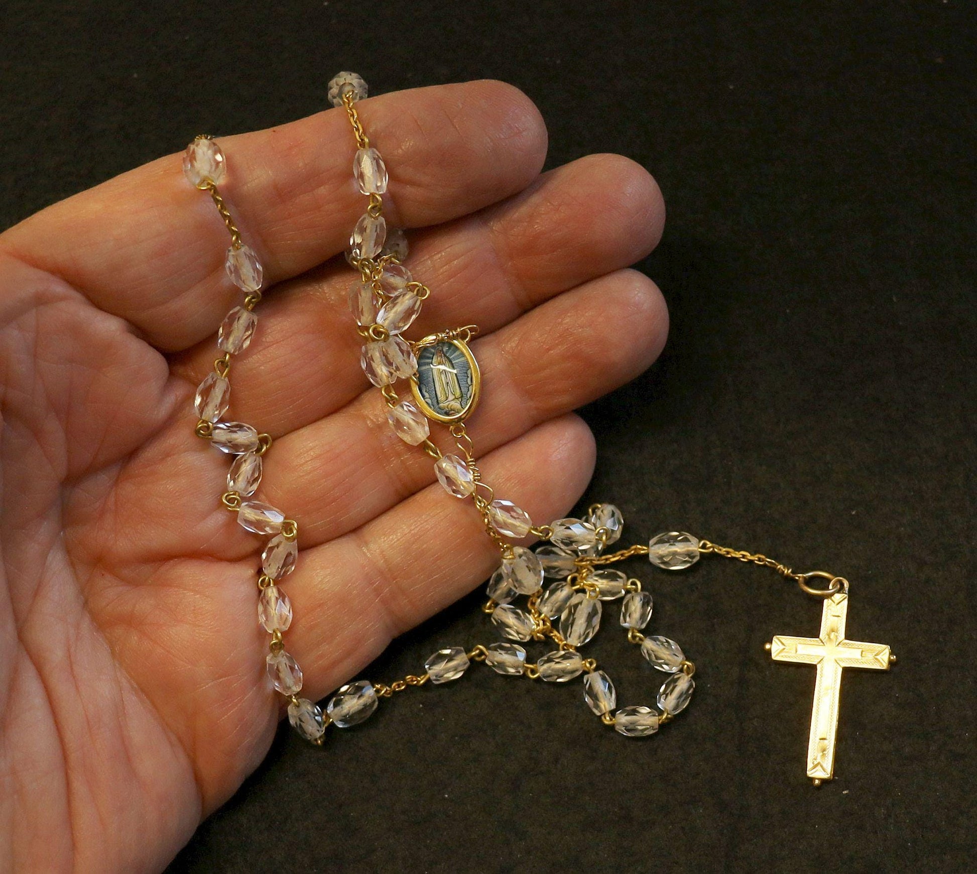 1920's Bohemian Rock Cystal & All 18K Solid Gold Catholic Rosary Our Lady of Fatima, Reliquary Cross - Extreme Rarity