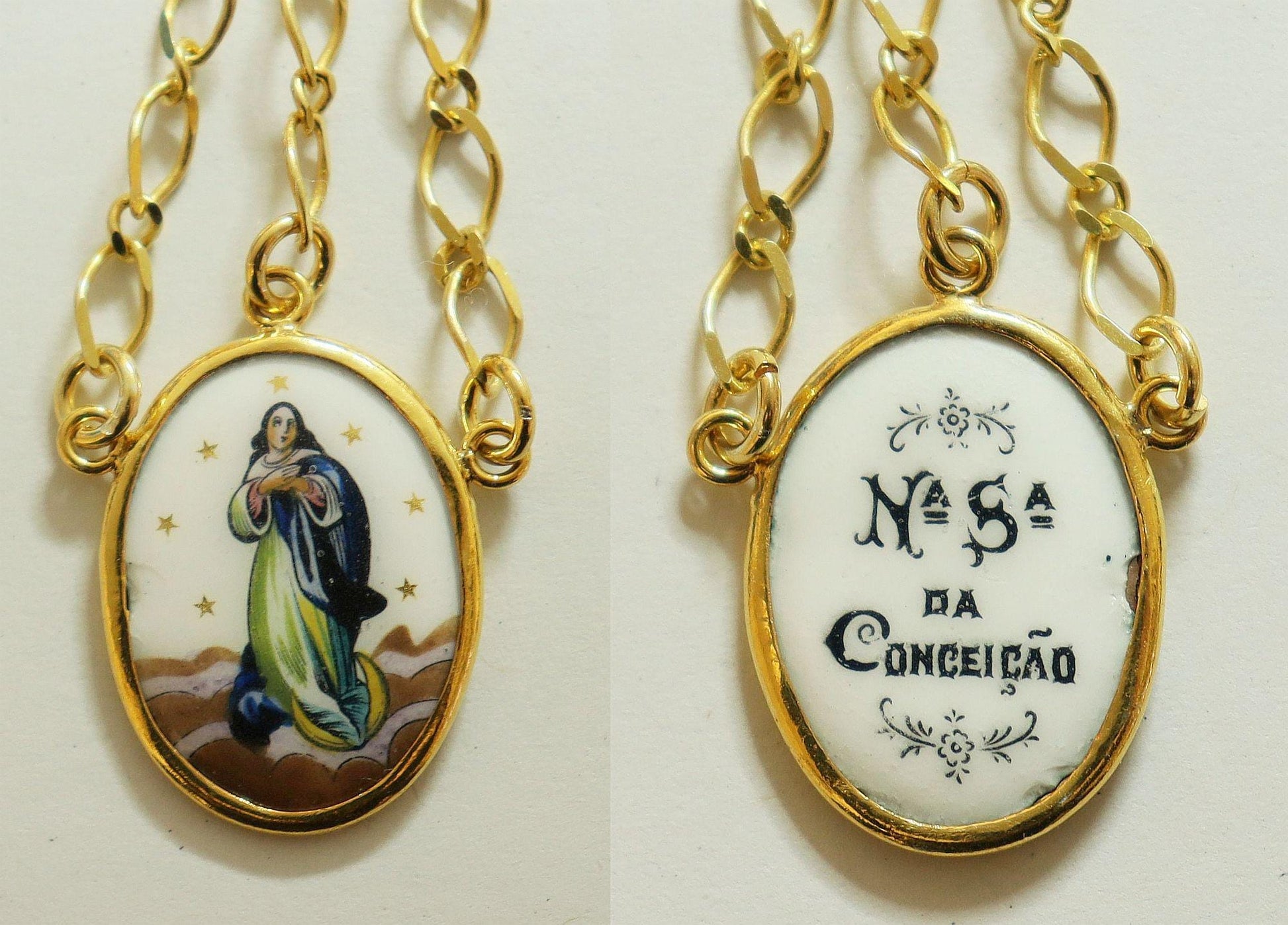 Gold Vermeil Necklace w Hand Painted Enameled Vintage Medal of the Immaculate Conception