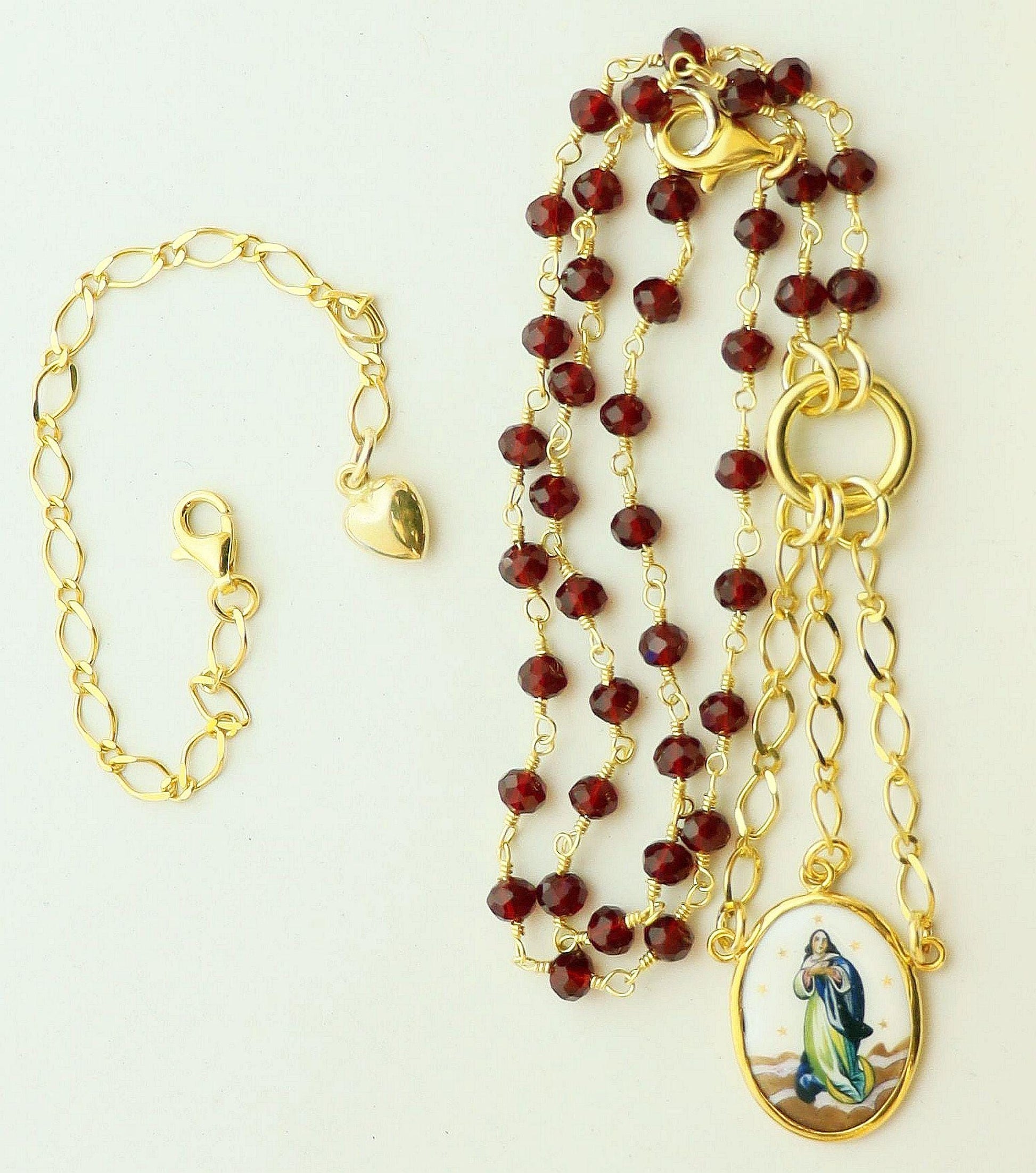 Gold Vermeil Necklace w Hand Painted Enameled Vintage Medal of the Immaculate Conception