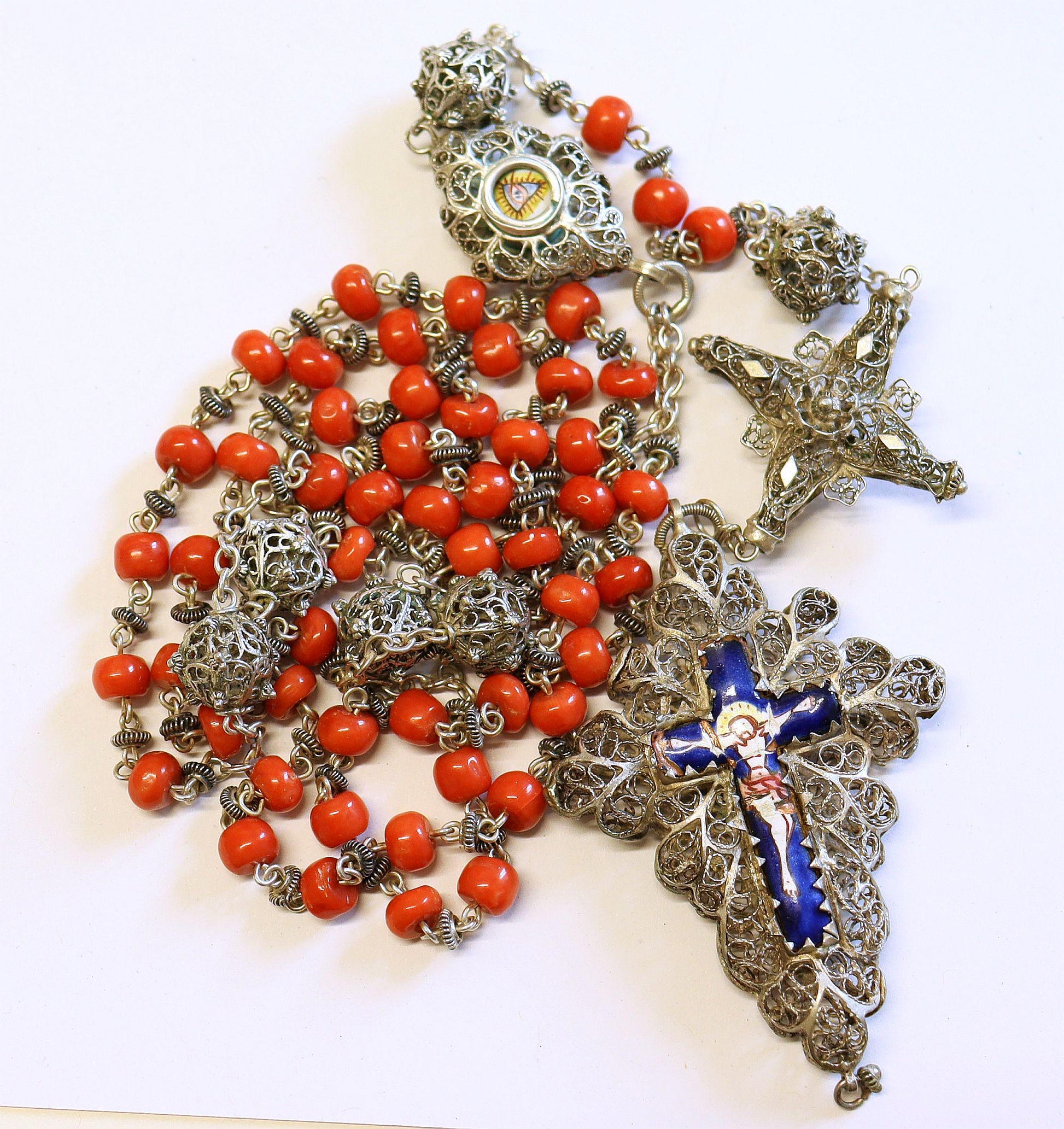 Antique Bavarian Coral & Sterling Silver Catholic Chain Rosary w Ceramic Enameled Reliquary Crucifix