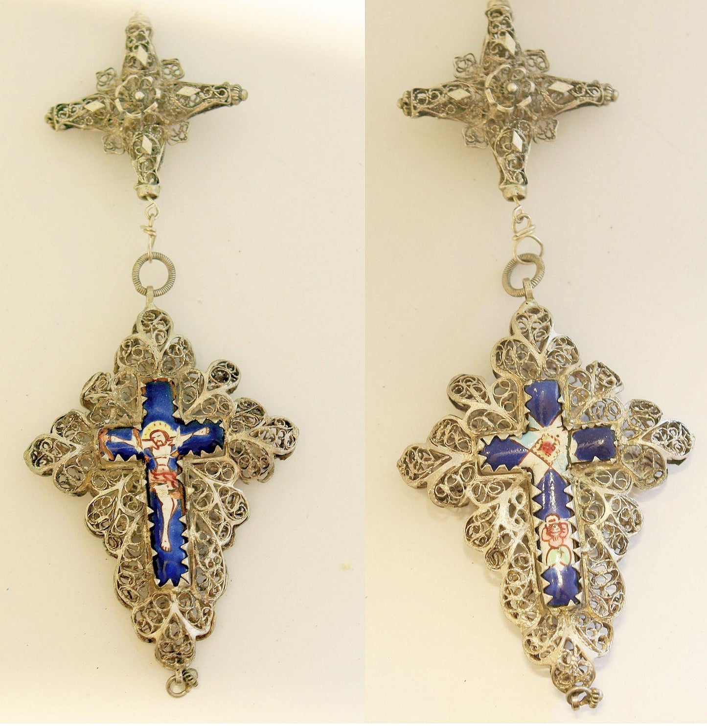 Antique Bavarian Coral & Sterling Silver Catholic Chain Rosary w Ceramic Enameled Reliquary Crucifix