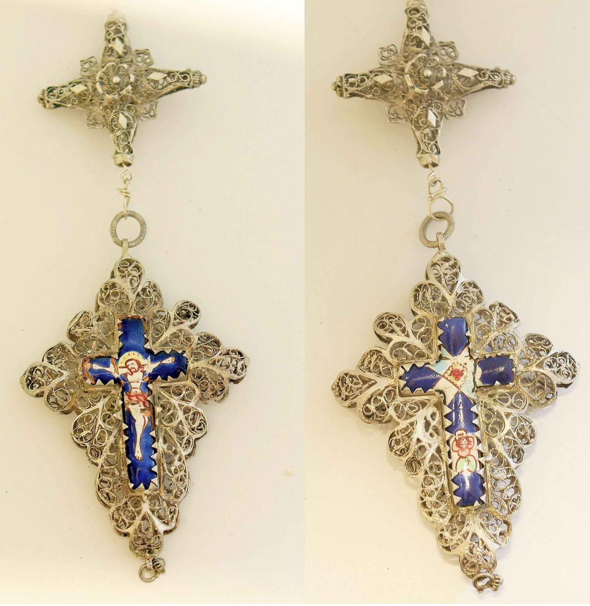 Antique Bavarian Coral & Sterling Silver Catholic Chain Rosary w Ceramic Enameled Reliquary Crucifix