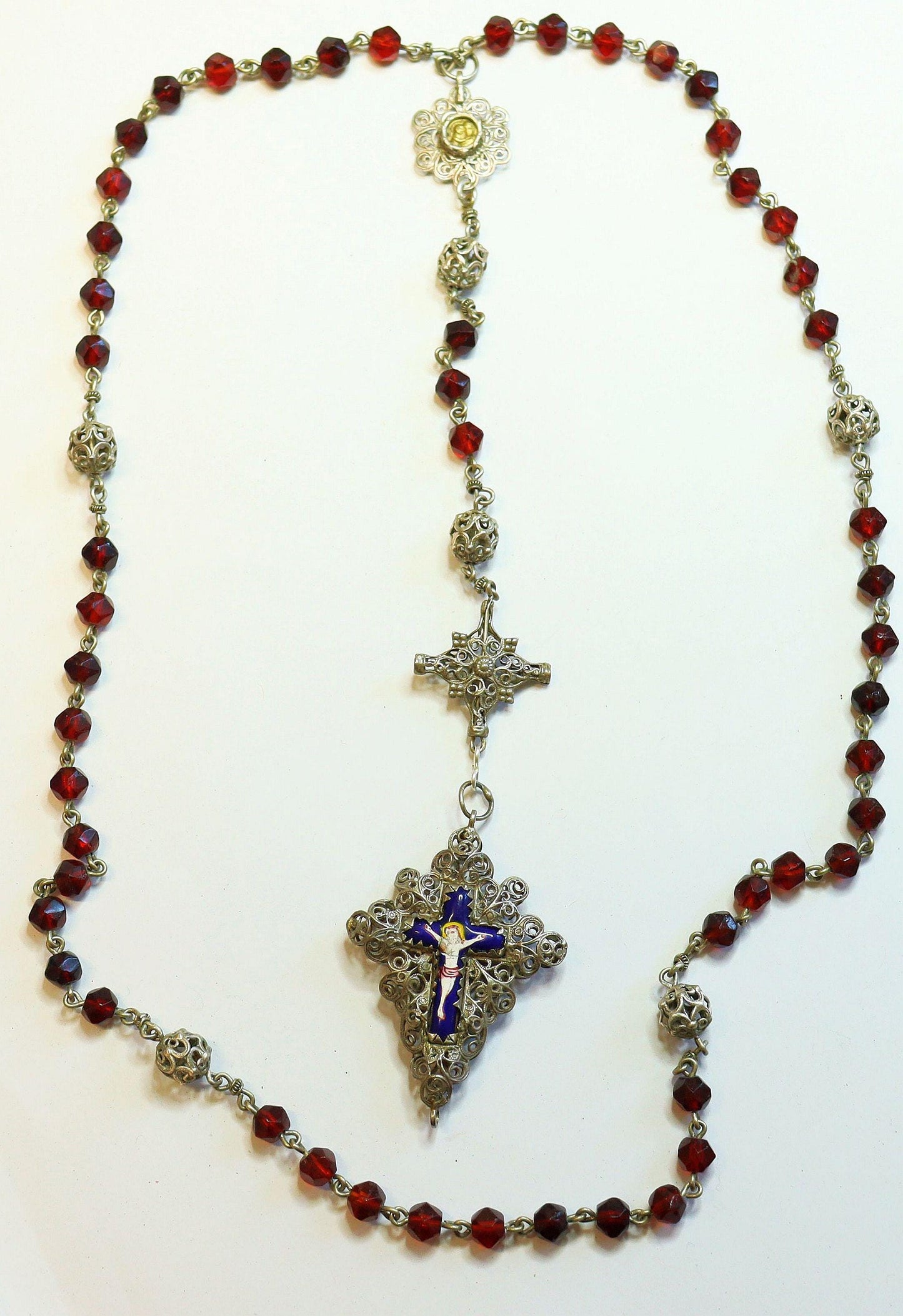Bavarian 19th Century Sterling Filigree & Garnet Rosary w Reliquary Porcelain Enameled Inlay Cross -