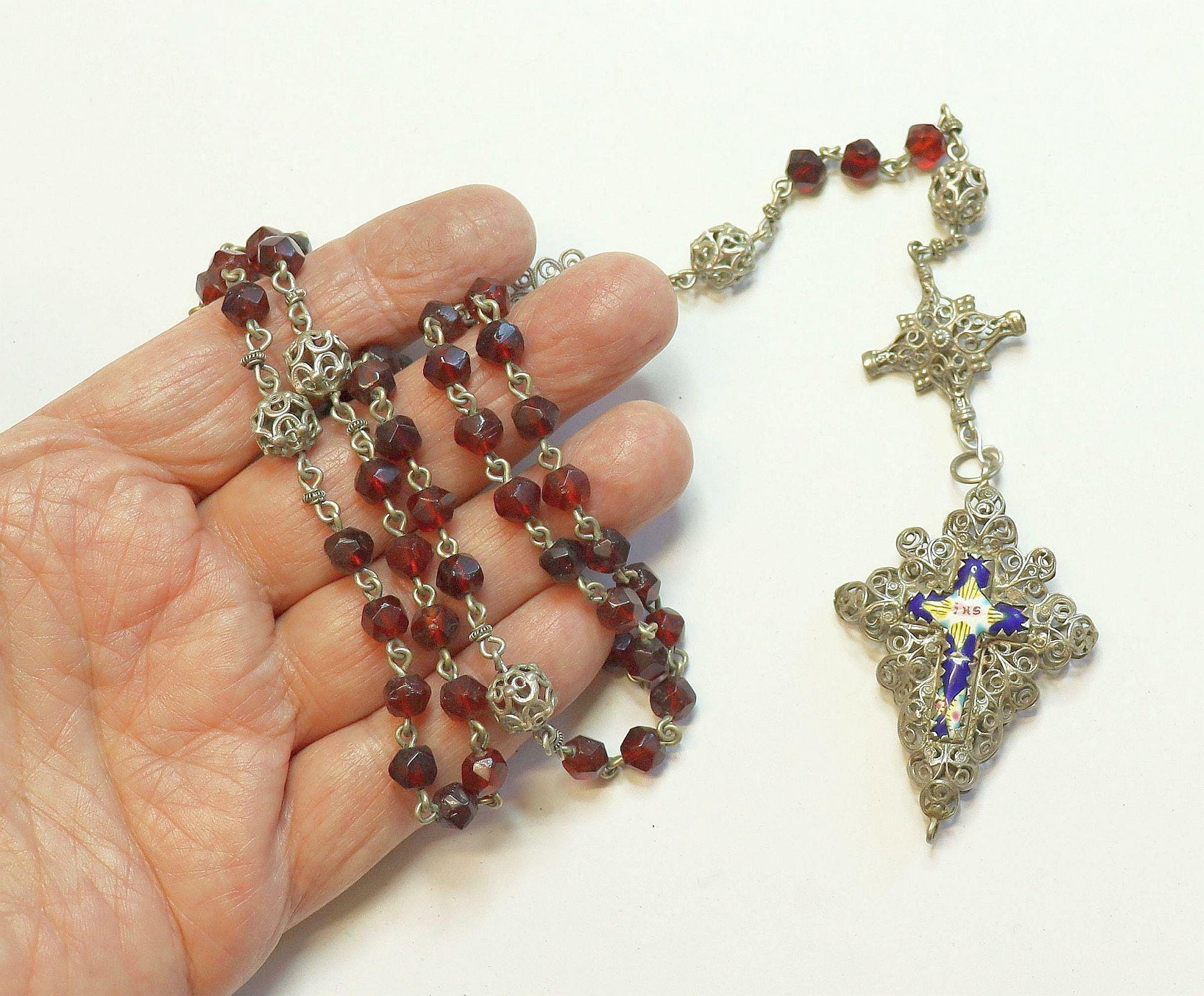 Bavarian 19th Century Sterling Filigree & Garnet Rosary w Reliquary Porcelain Enameled Inlay Cross -