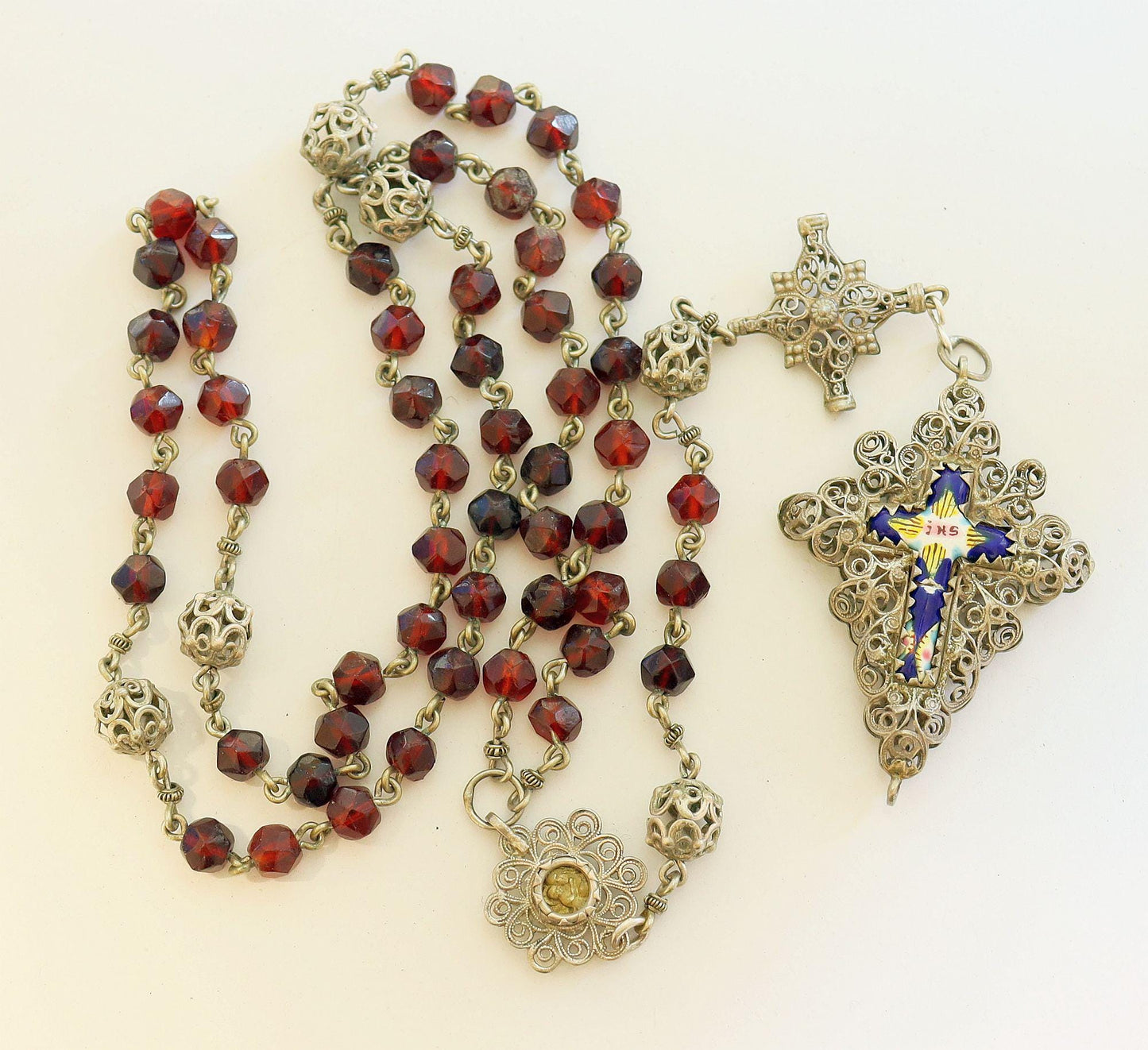 Bavarian 19th Century Sterling Filigree & Garnet Rosary w Reliquary Porcelain Enameled Inlay Cross -