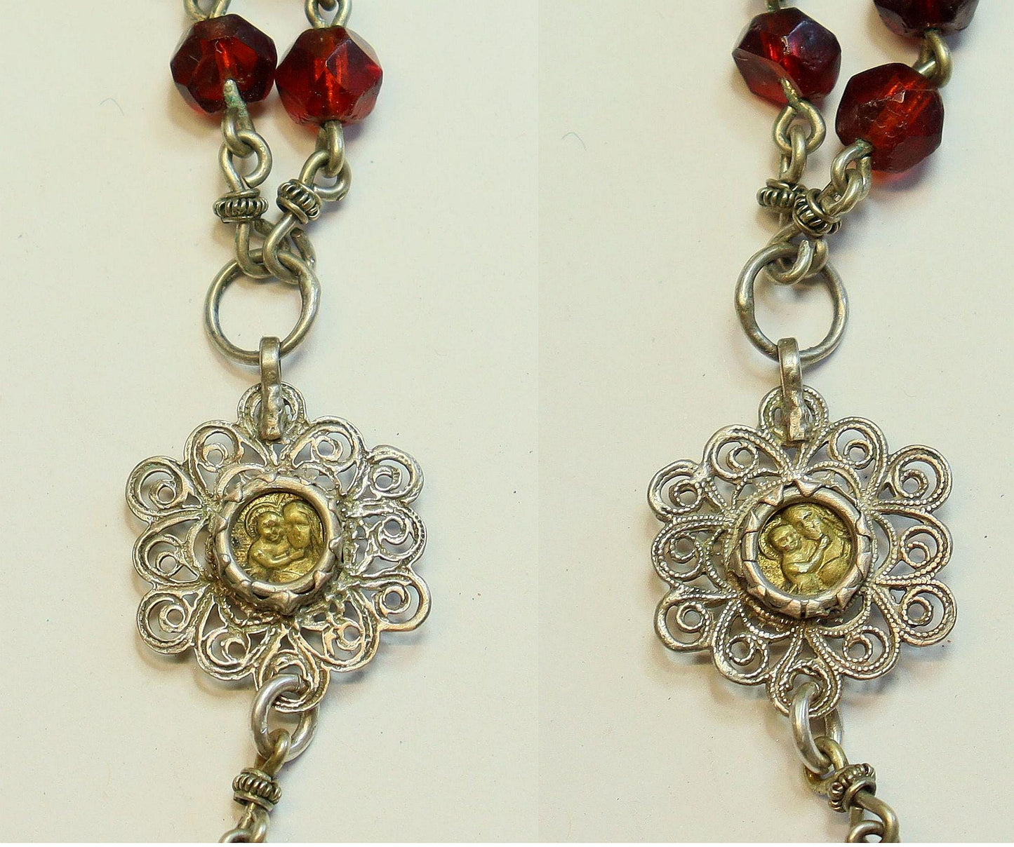 Bavarian 19th Century Sterling Filigree & Garnet Rosary w Reliquary Porcelain Enameled Inlay Cross -