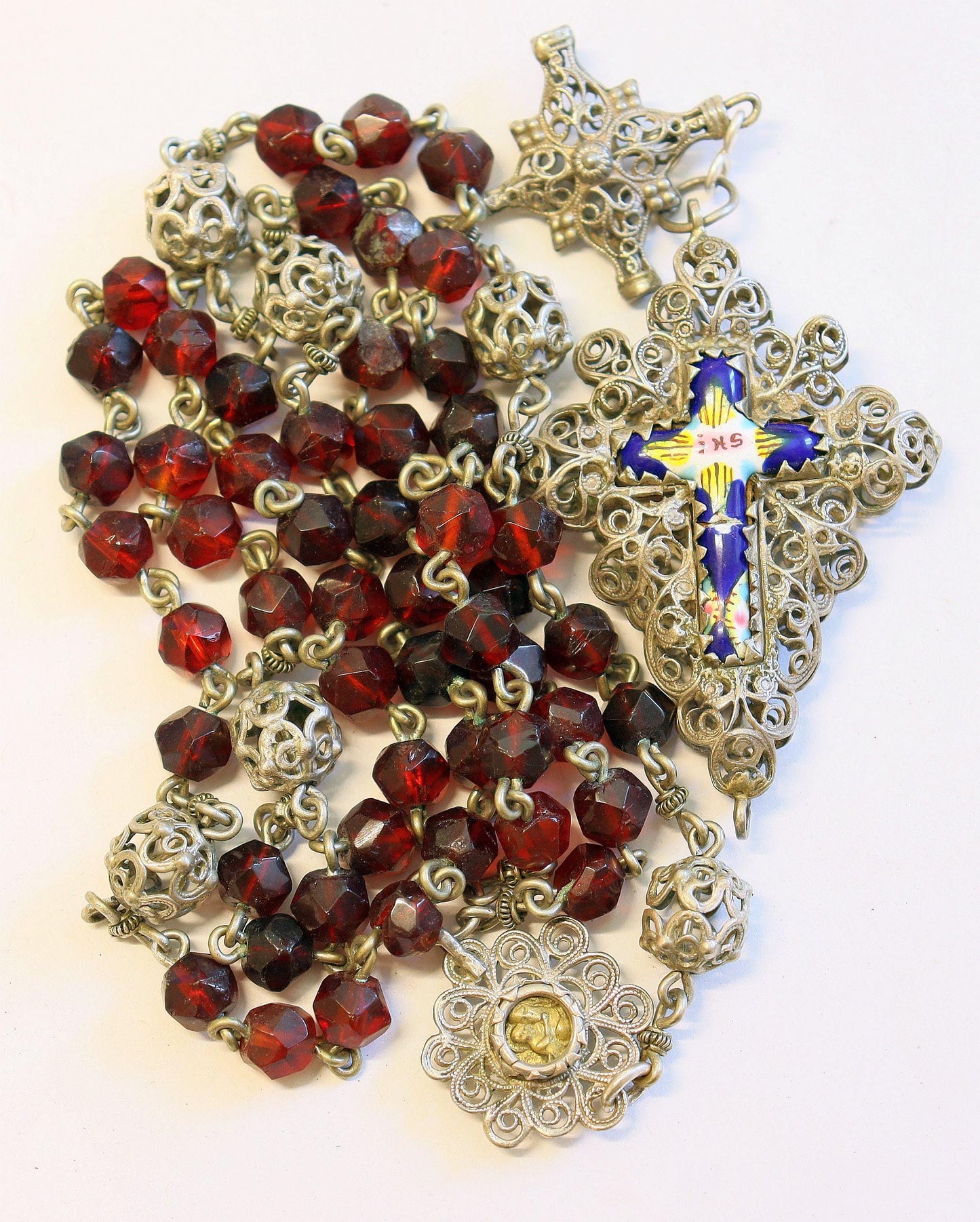 Bavarian 19th Century Sterling Filigree & Garnet Rosary w Reliquary Porcelain Enameled Inlay Cross -