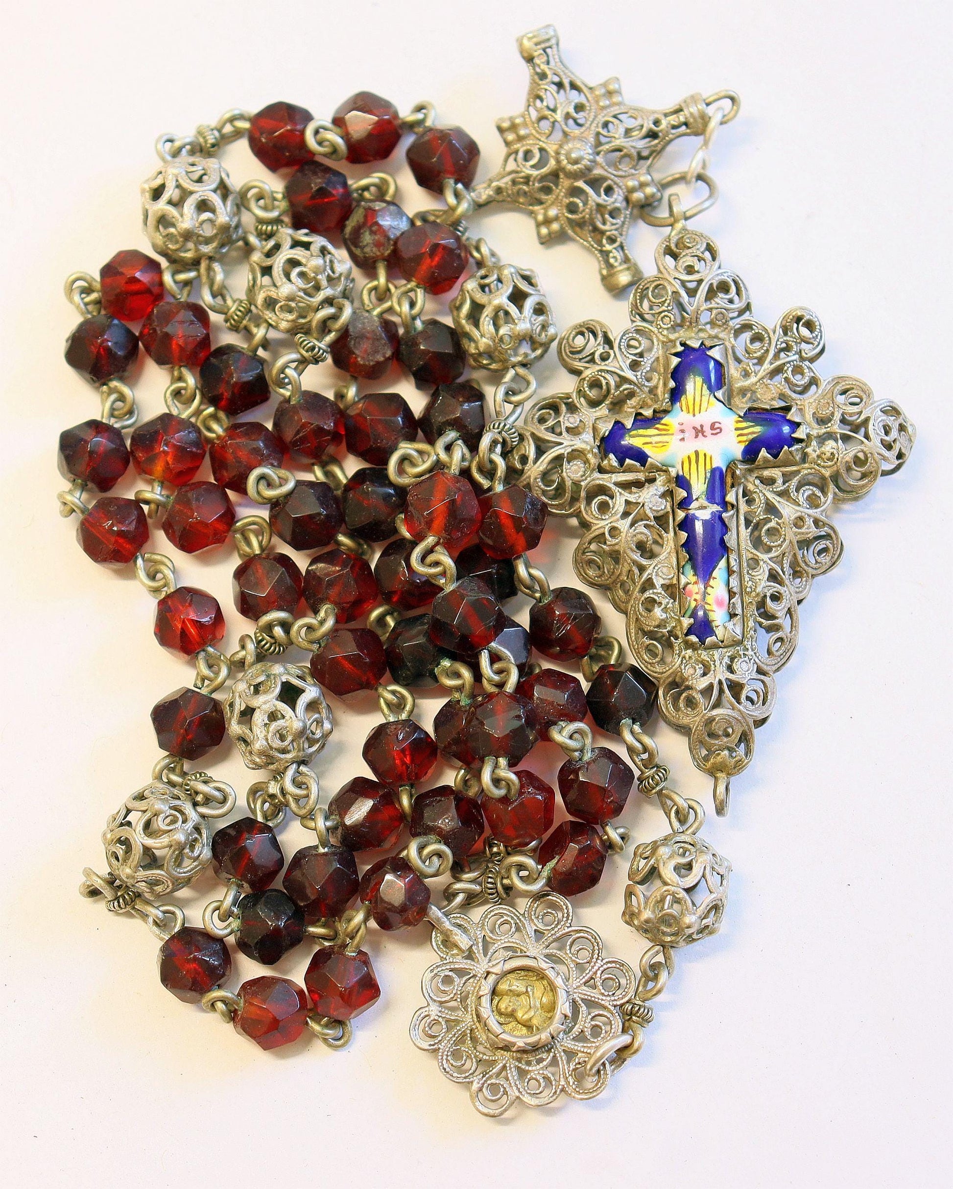Bavarian 19th Century Sterling Filigree & Garnet Rosary w Reliquary Porcelain Enameled Inlay Cross -