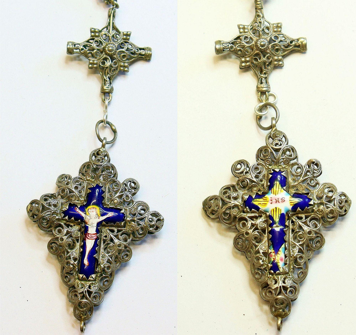 Bavarian 19th Century Sterling Filigree & Garnet Rosary w Reliquary Porcelain Enameled Inlay Cross -