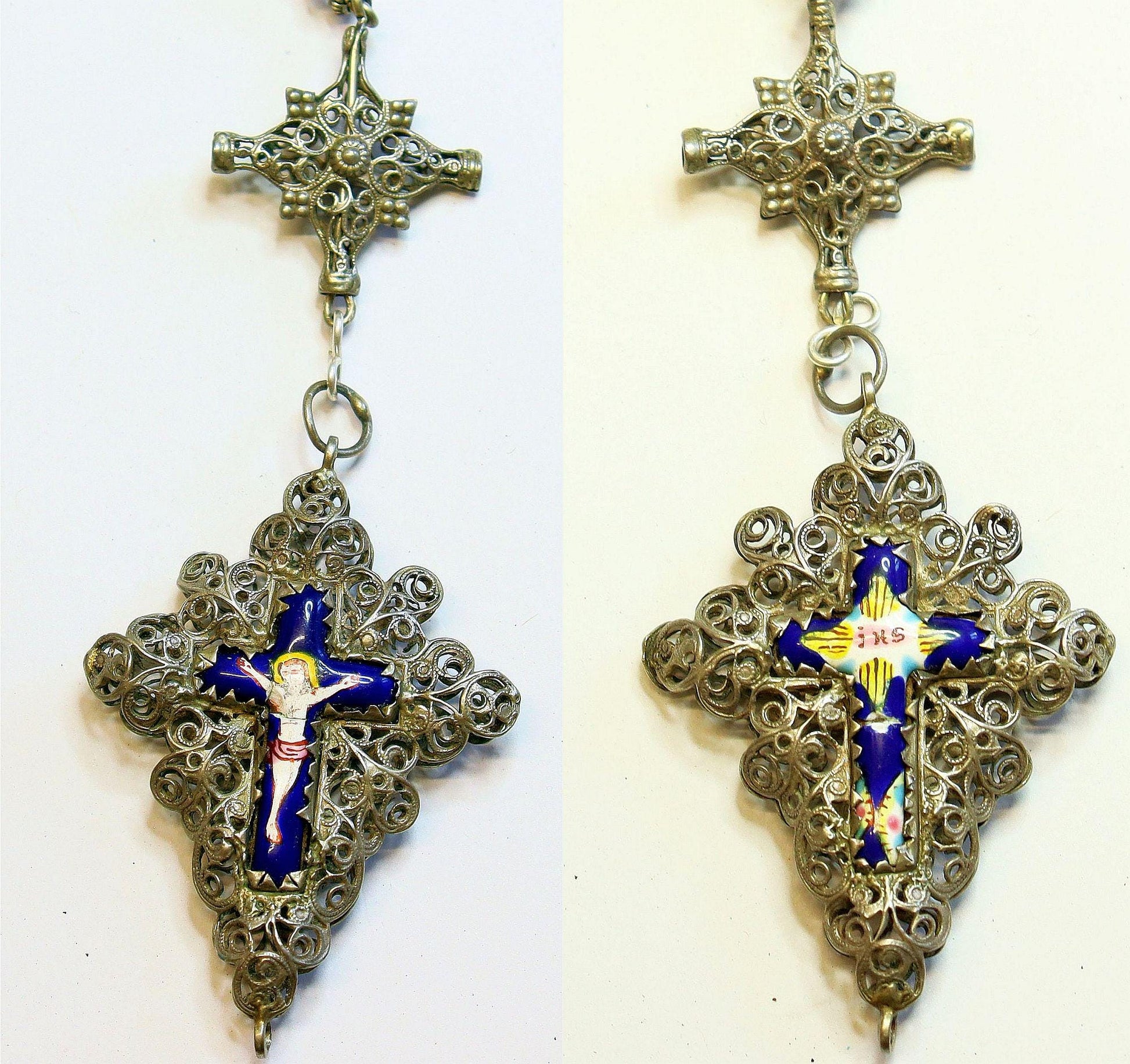 Bavarian 19th Century Sterling Filigree & Garnet Rosary w Reliquary Porcelain Enameled Inlay Cross -